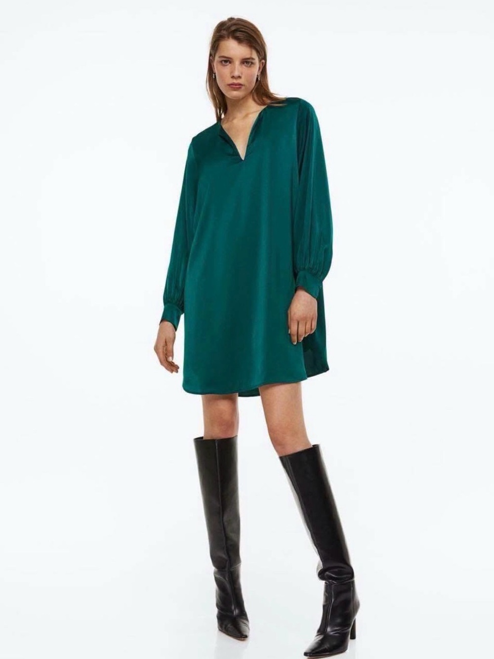 H&M Emerald Green V-Neck Long Sleeve Mini Dress
